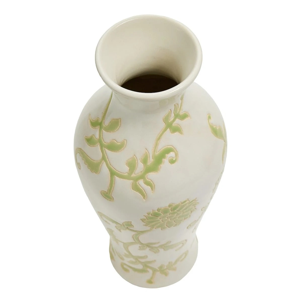 Modern 13.6 Inch Green and White Floral Ceramic Tabletop Vase
