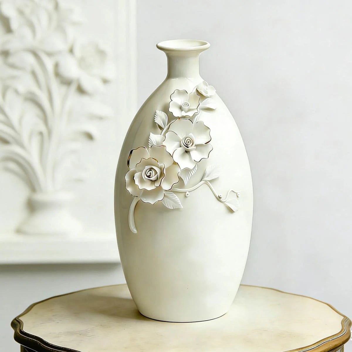 Modern 11 Inch White and Gold Flower Ceramic Tabletop Vase