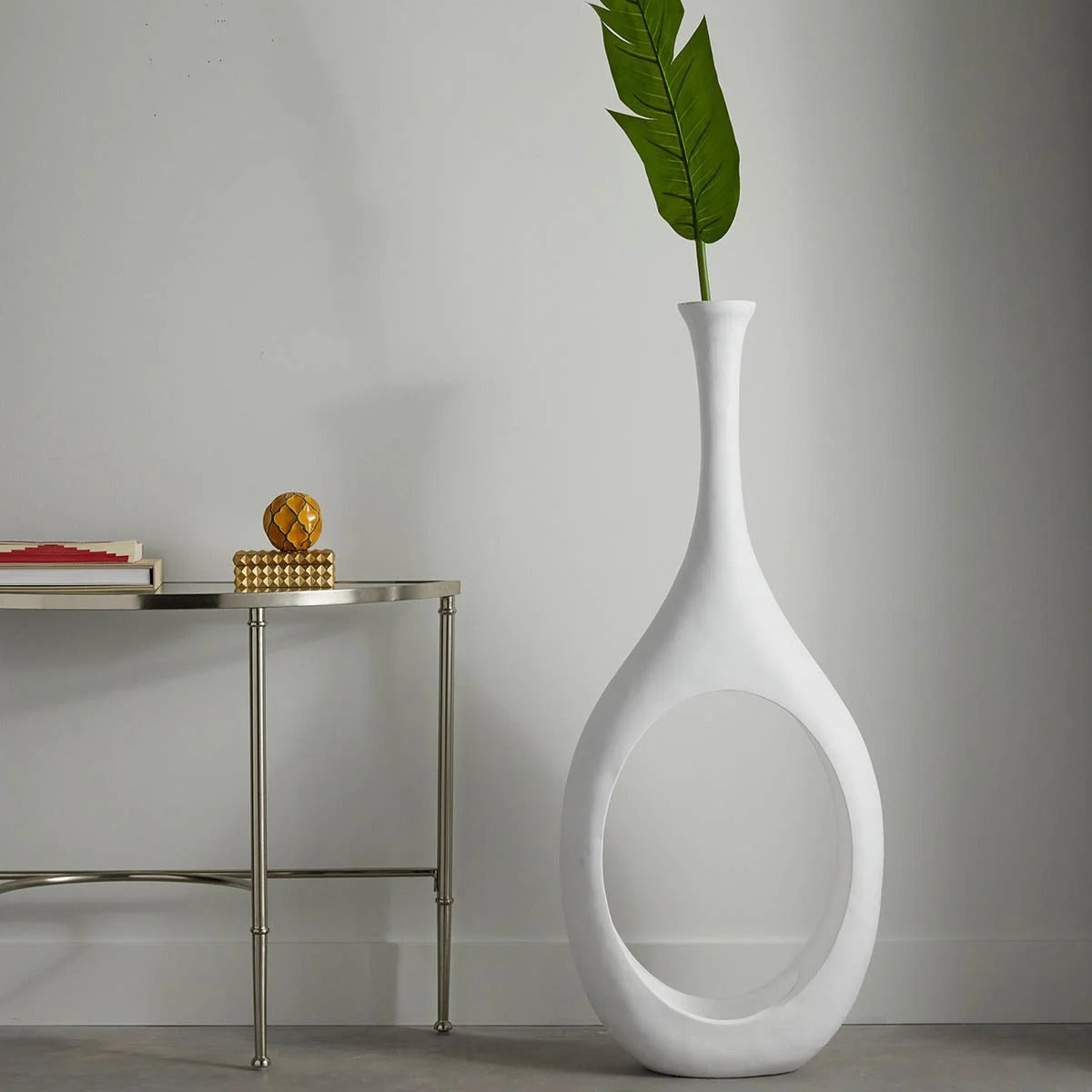 Modern 48 Inch White Open Circle Floor Vase – Oblong Cutout Decor