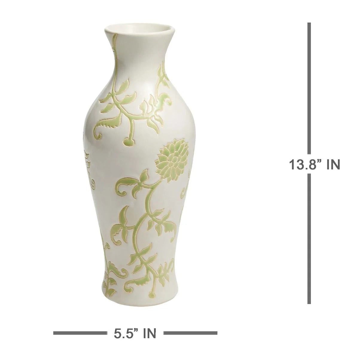 Modern 13.6 Inch Green and White Floral Ceramic Tabletop Vase
