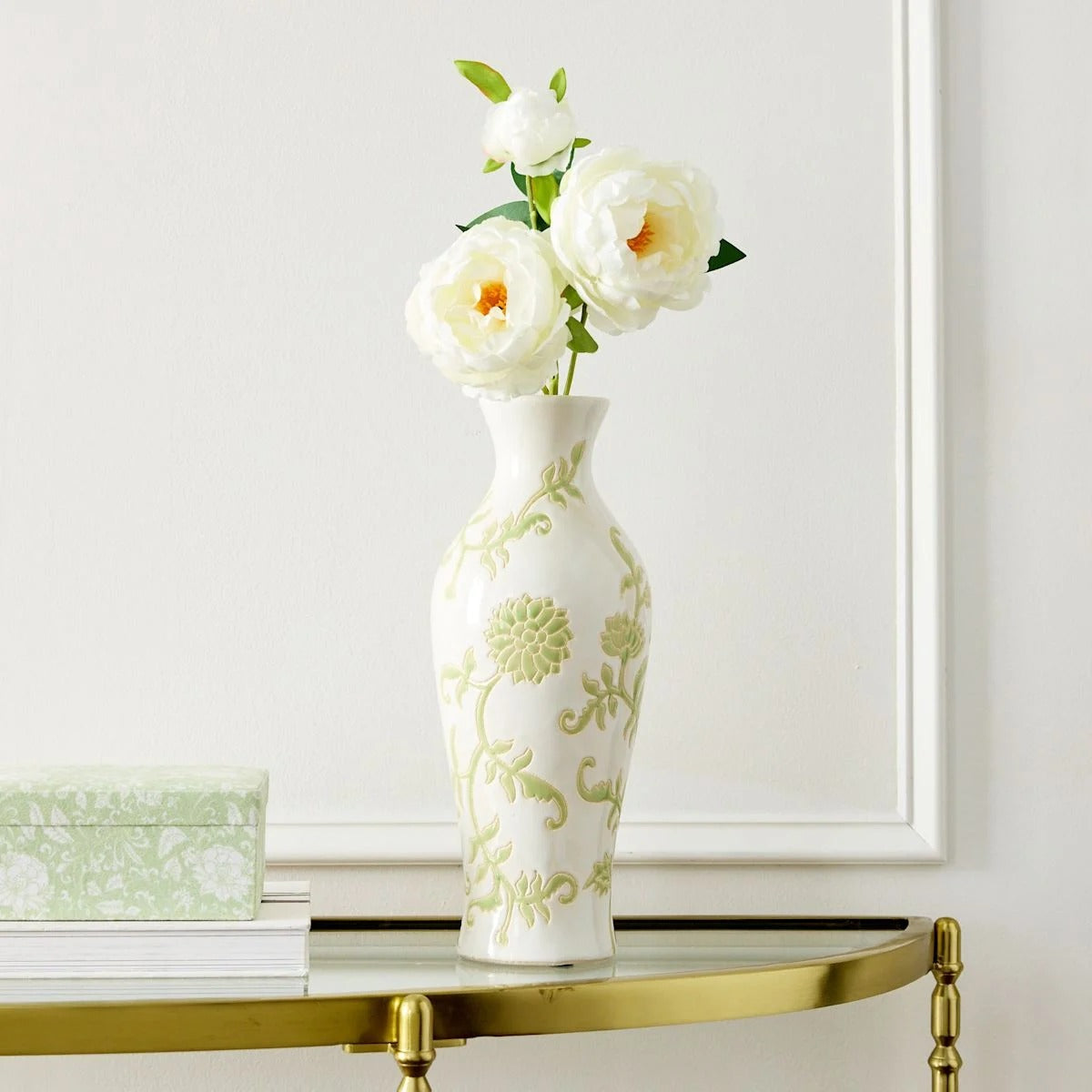 Modern 13.6 Inch Green and White Floral Ceramic Tabletop Vase
