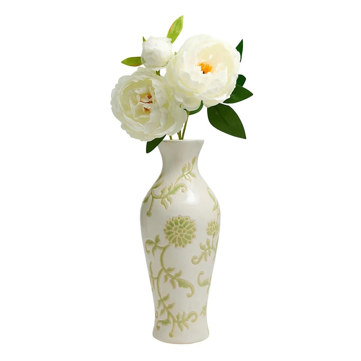 Modern 13.6 Inch Green and White Floral Ceramic Tabletop Vase