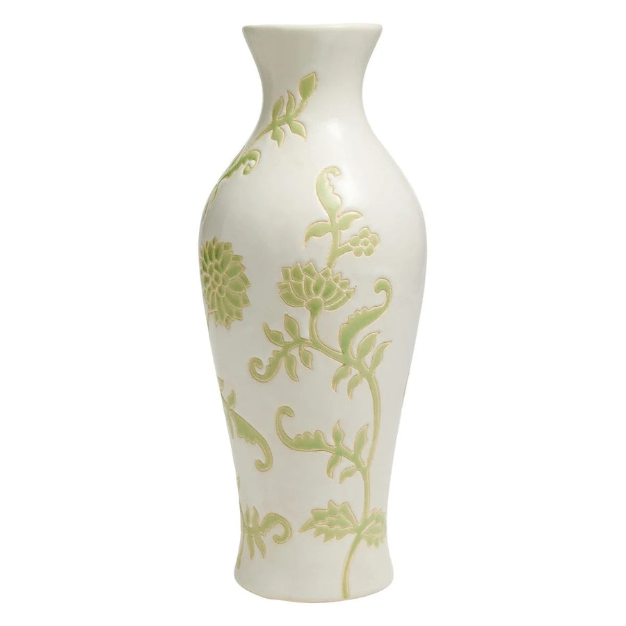 Modern 13.6 Inch Green and White Floral Ceramic Tabletop Vase