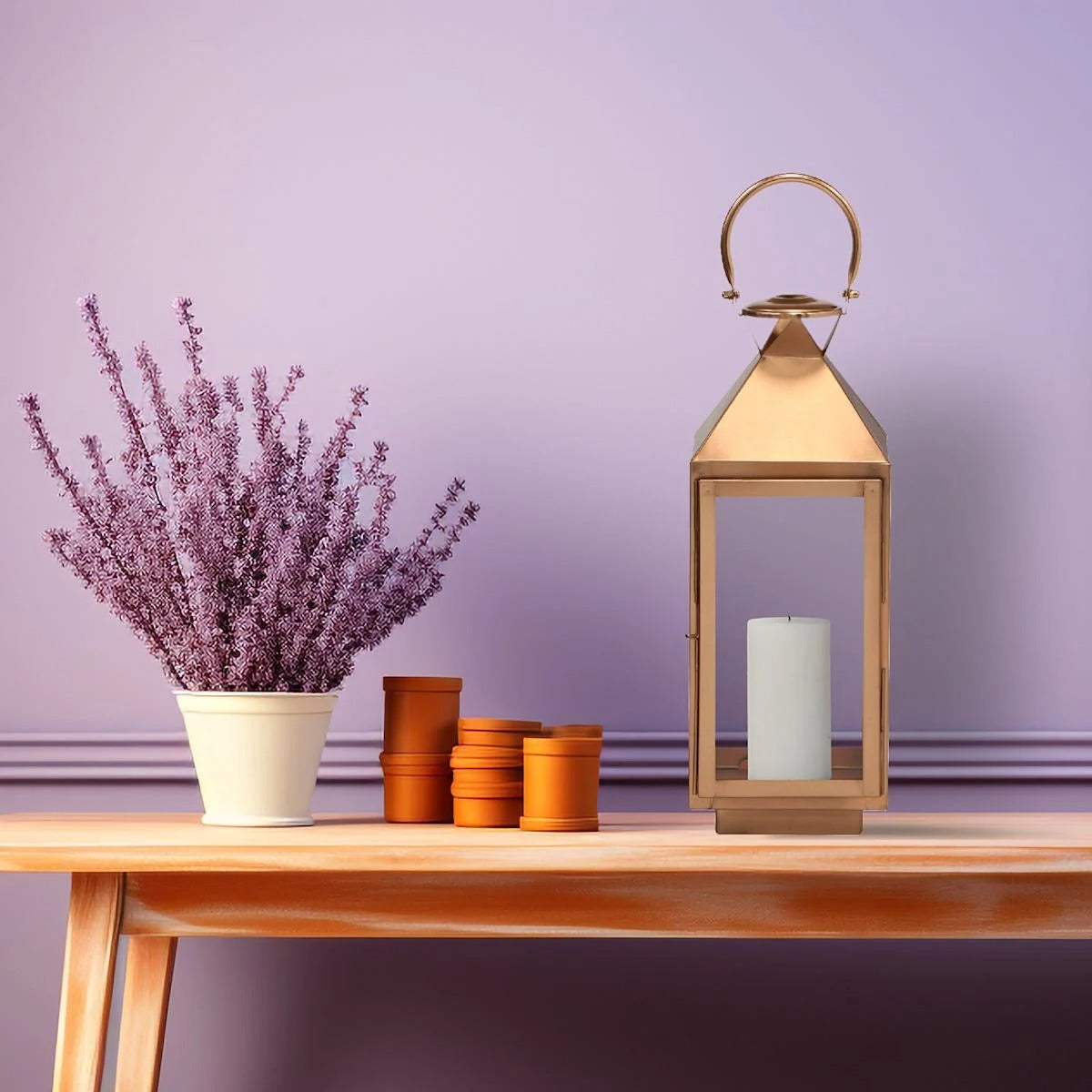 Modern 19 Inch Copper Metal Candle Lantern with Glass