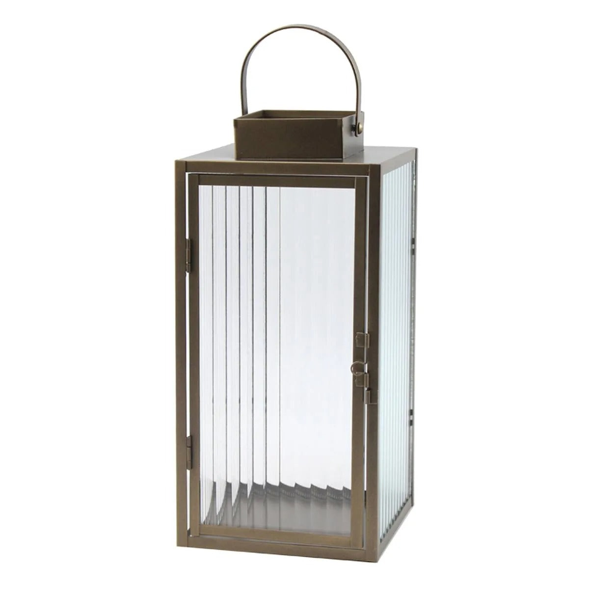 Modern 13 Inch Copper Metal Lantern with Ribbed Glass