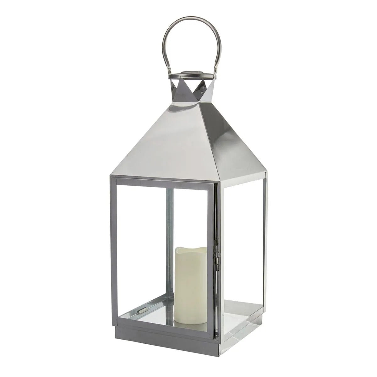 Modern 21 Inch Chrome Metal Lantern with LED Candle