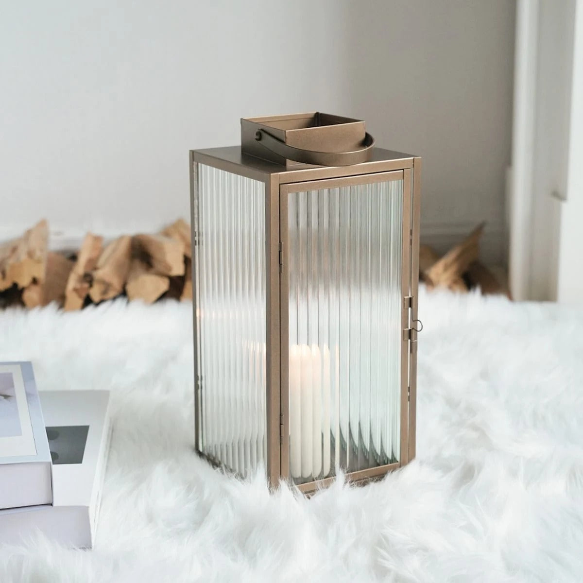 Modern 13 Inch Copper Metal Lantern with Ribbed Glass