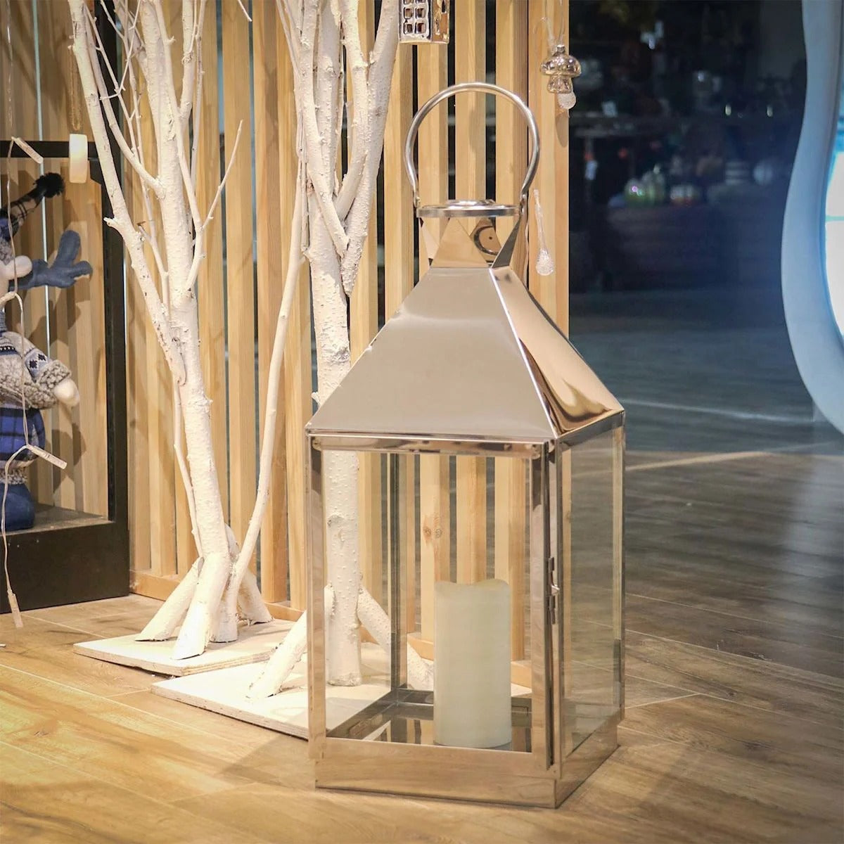 Modern 21 Inch Chrome Metal Lantern with LED Candle