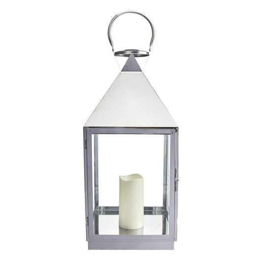 Modern 21 Inch Chrome Metal Lantern with LED Candle