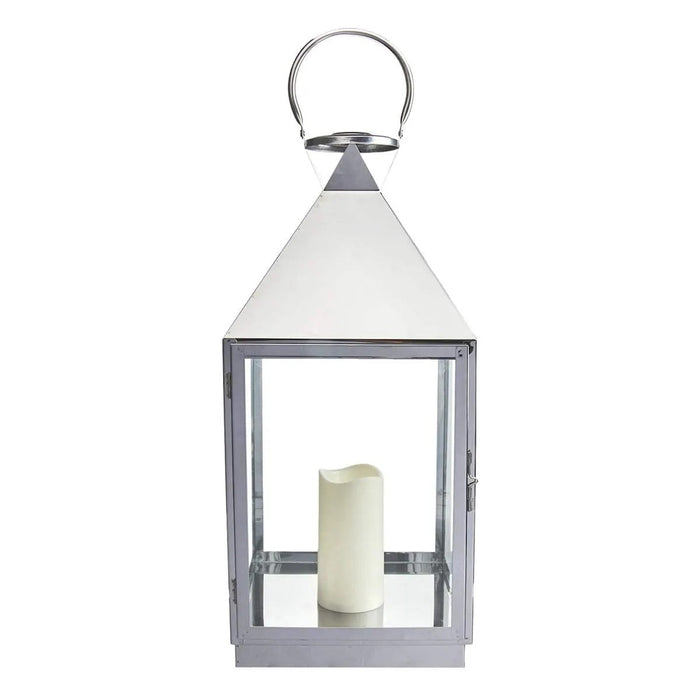 Modern 21 Inch Chrome Metal Lantern with LED Candle