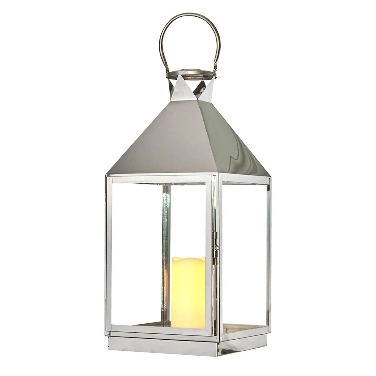 Modern 21 Inch Chrome Metal Lantern with LED Candle