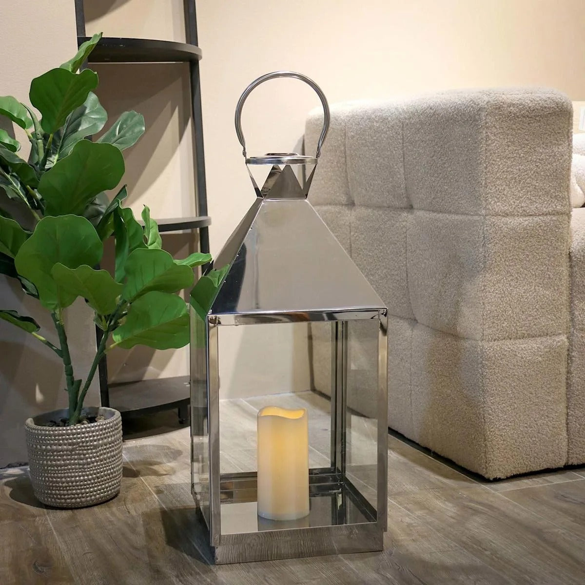 Modern 21 Inch Chrome Metal Lantern with LED Candle