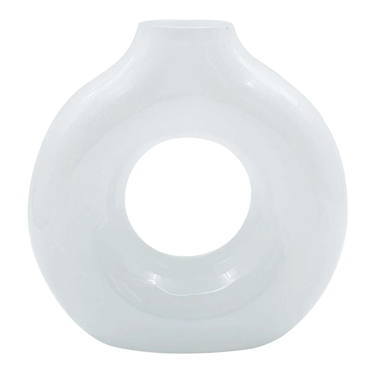 Modern 7 Inch White Glass Donut Vase – Round Tabletop Decor
