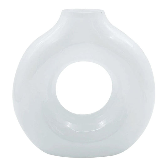Modern 7 Inch White Glass Donut Vase – Round Tabletop Decor