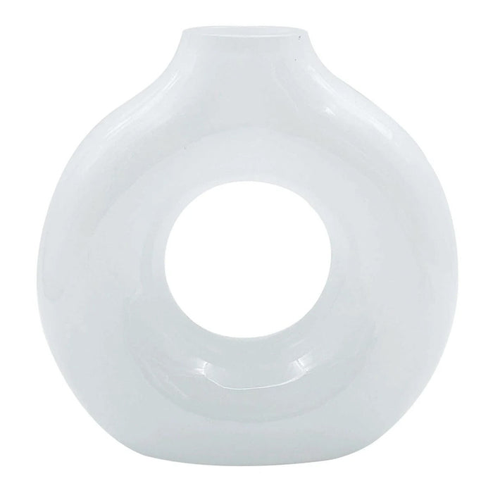 Modern 7 Inch White Glass Donut Vase – Round Tabletop Decor