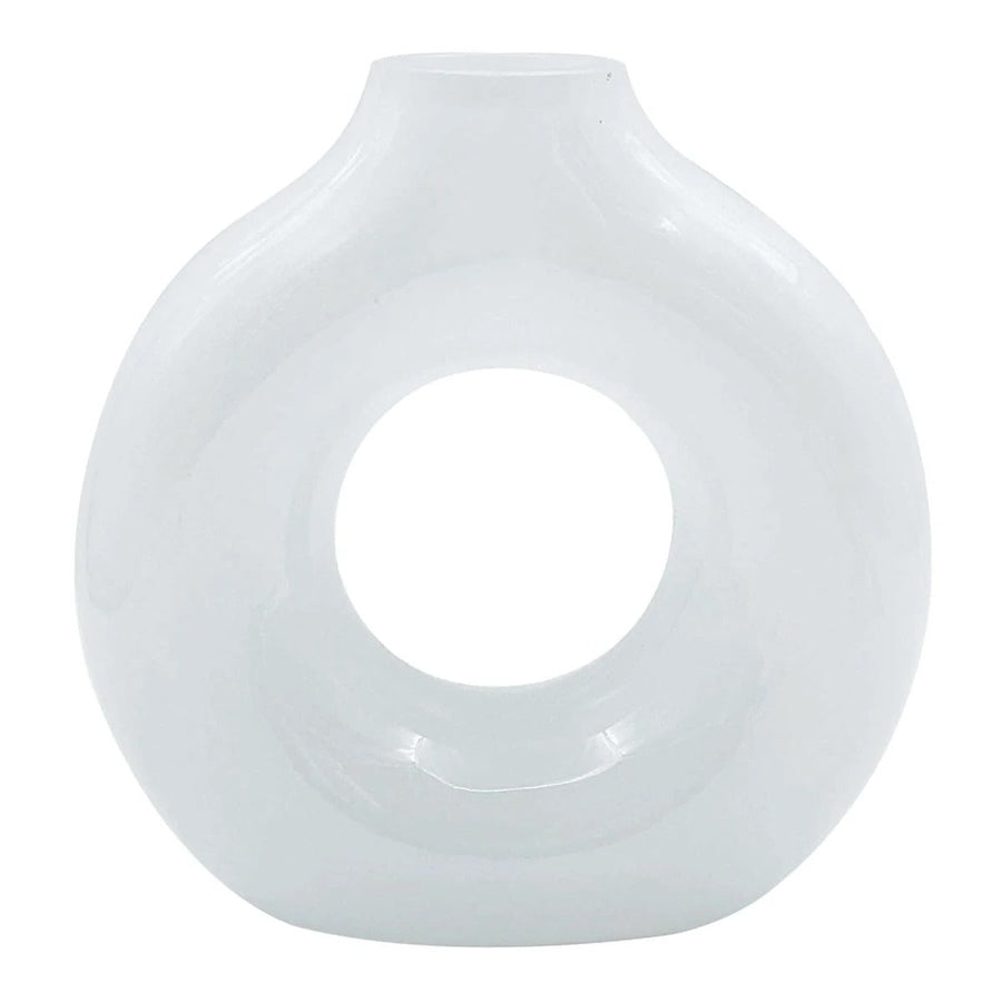 Modern 7 Inch White Glass Donut Vase – Round Tabletop Decor