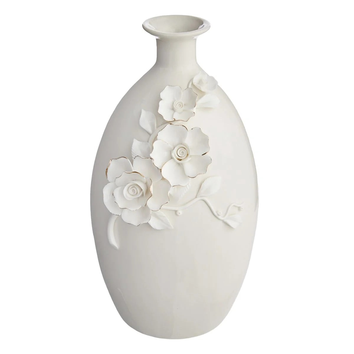 Modern 11 Inch White and Gold Flower Ceramic Tabletop Vase