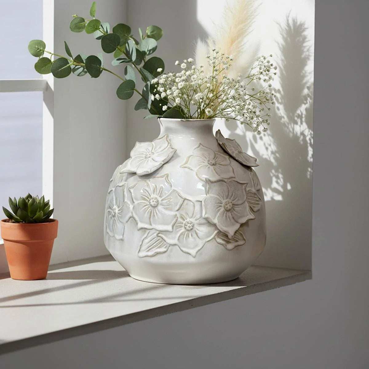 Modern 10 Inch White Floral Ceramic Tabletop Vase